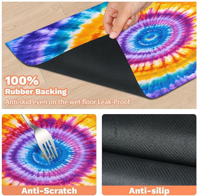 Tie Dye Dog Food Mat for Floors Absorbent, Quick Dry Water Dispenser Mat for Food, Water, Pet Supplies 17" x 30", Watercolor Abstract