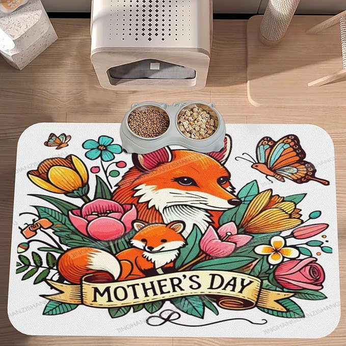 Dog Food Mats for Floors Happy Mother's Day Floral Gift for Mom Iu Absorbent Pet Cat Food Mat Quick Dry Dog Bowl Mats Water Pet Supplies 24x16In