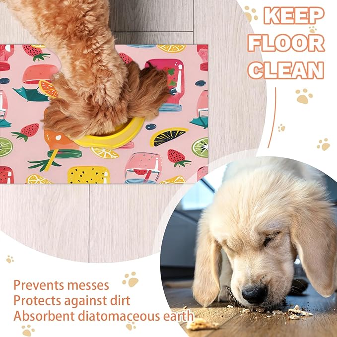 Fruit Juice Dog Food Mat for Floors Absorbent Dog Bowl Mat for Food and Water Dispenser Quick Dry Cat Food Placemat Pet Supplies 16" x 24", Summer Fruit