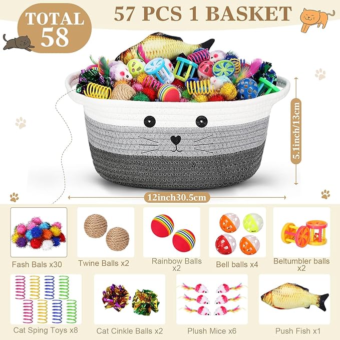 Zopeal 58 Pcs Easter Cat Storage Basket Gift Toys Set, Colorful Flashing Balls Pet Bell Crinkle Balls Spring Toys Attract Cat to Swat, Hunt, Interactive for Pet(Multicolor,12 Inch)