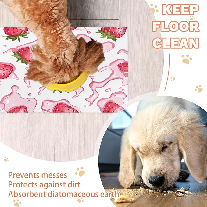 Pink Strawberry Dog Food Mat for Floors Absorbent Dog Bowl Mat for Food and Water Dispenser Quick Dry Cat Food Placemat Pet Supplies 16" x 24", Greean Leaves
