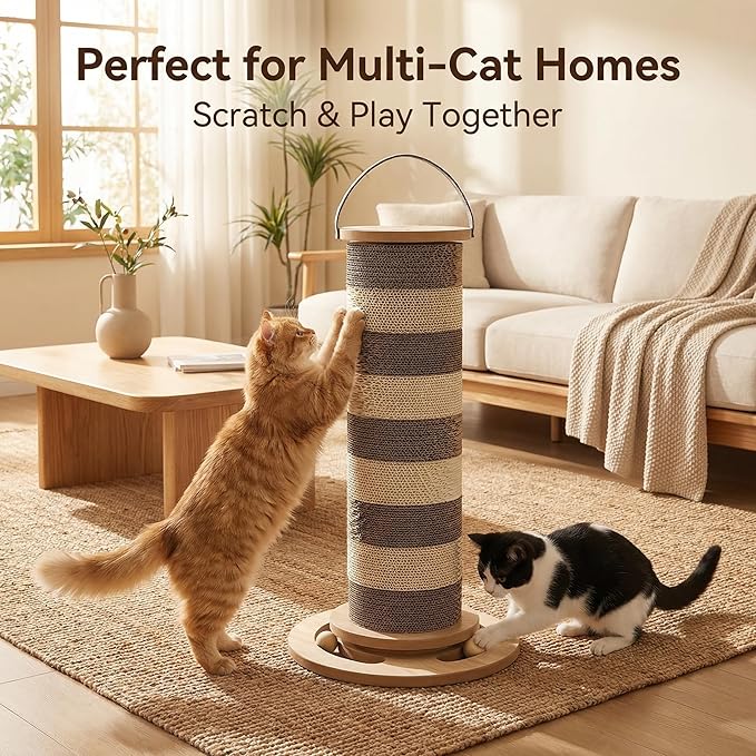 24” Cat Scratching Post – Vertical Cardboard Cat Scratcher for Indoor Cats & Kittens, Modular Replaceable Blocks, Stable Base Cat Post, Space-Saving Scratching Post Tower