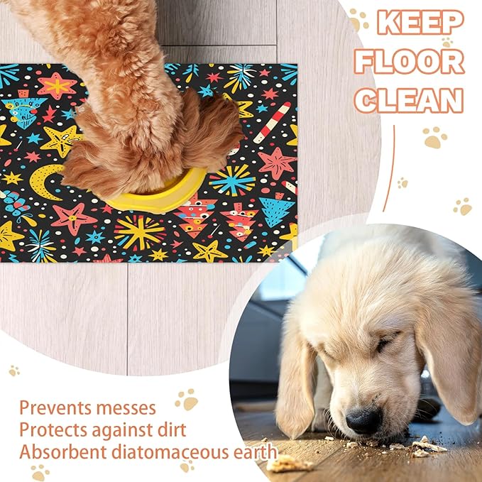Christmas Tree Dog Food Mat for Floors Absorbent, Quick Dry Water Dispenser Mat for Food, Water, Pet Supplies 12" x 20", Star Moon