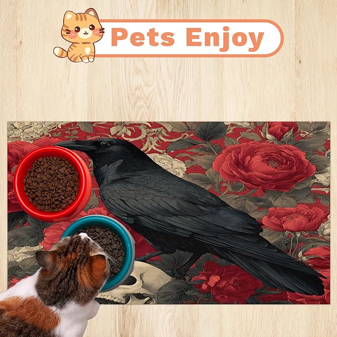 Halloween Raven Dog Food Mat for Floors Absorbent, Quick Dry Water Dispenser Mat for Food, Water, Pet Supplies 17" x 30", Skull Flower