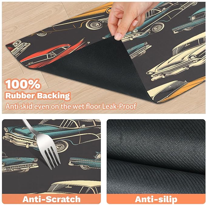 Colorful Racing Car Dog Food Mat for Floors Absorbent, Quick Dry Water Dispenser Mat for Food, Water, Pet Supplies 16" x 24", Vintage Car