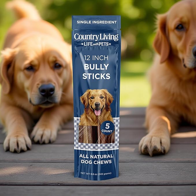 Country Living 12” Bully Sticks for Dogs – Standard – 5 Count Bag – All-Natural, Single- Ingredient, Long-Lasting Dog Chews