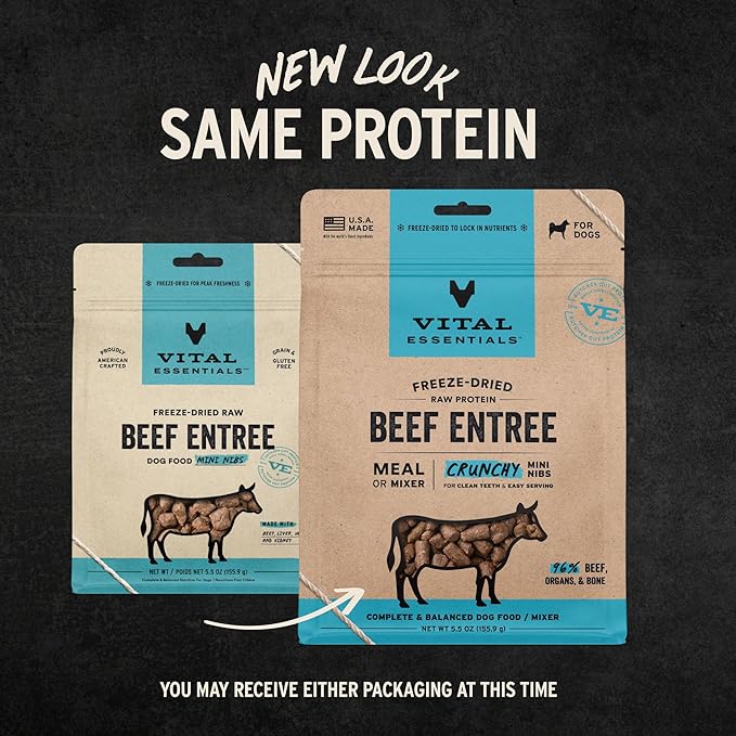 Vital Essentials Freeze Dried Dog Food, Raw Beef Crunchy Mini Nibs | Complete Meal or Topper | 96% Beef, Organs & Bone | Limited Ingredient, High Protein, Grain Free Dry Dog Food | 5.5 oz Bag