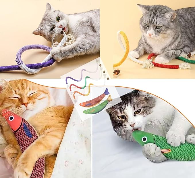 Cat Chew Rope Toy,Catnip Saury Fish Toys,Cats Interactive Toys for Teeth Cleaning,5Pcs Cat Toys for Indoor Cats with Refillable Natural Catnip（5Pcs Cat Toys）