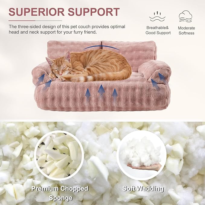 Cat Couch Bed, Cute Soft Pet Sofa for Indoor Cats Kittens Puppies with Removable Washable Cover, 26"x15", Dusty Pink