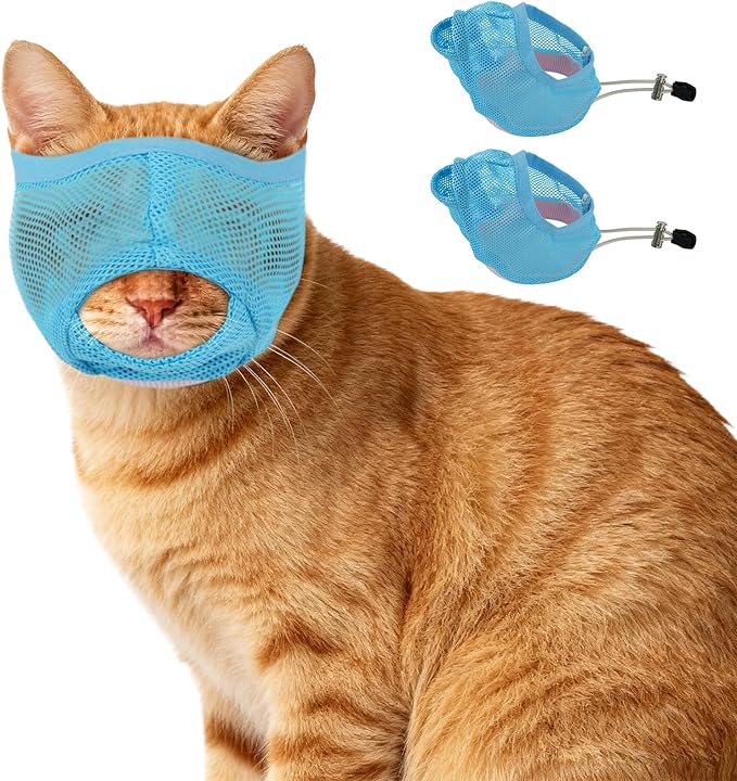 2 Pieces Soft Cat Muzzles for Grooming, Brearhable Mesh Cat Muzzle Anti Biting Chewing Anti Bite, Anti Meow, Nail Trimming & Bathing - Adjustable Pet Grooming Muzzle