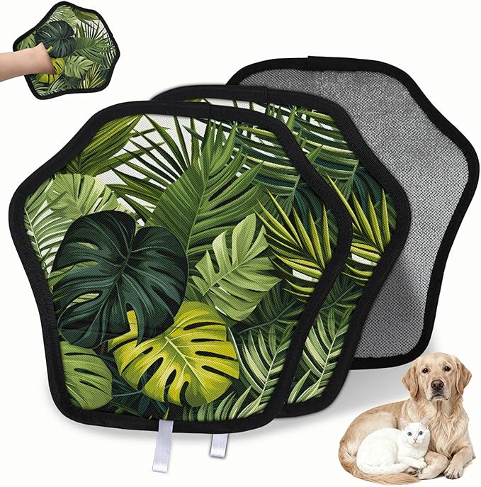 Green Tropical Leaves Electrostatic Pet Hair Removal Glove for Cats & Dogs - Reusable Grooming Mitt for Couch, Carpet, Car Seat & Laundry - Large 9x9 Inch