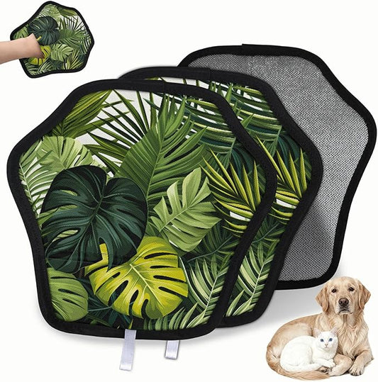 Green Tropical Leaves Electrostatic Pet Hair Removal Glove for Cats & Dogs - Reusable Grooming Mitt for Couch, Carpet, Car Seat & Laundry - Large 9x9 Inch