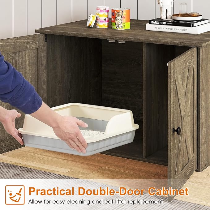 Tangkula Cat Litter Box Enclosure, Hidden Cat Washroom Cabinet with Double Doors, Divider, Side Entry, Indoor Wooden Cat House End Table, Enclosed Litter Box Furniture (Oak)