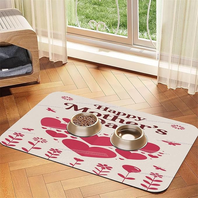Absorbent Dog Water Cat Mat for Food Water Bowl Quick Dry Happy Mother's Day Floral Gift for Mom Fj Pet Feeding Mats No Stains Dog Food Mat Pet Accessories Supplies Cat Bowl Mats 24x16In