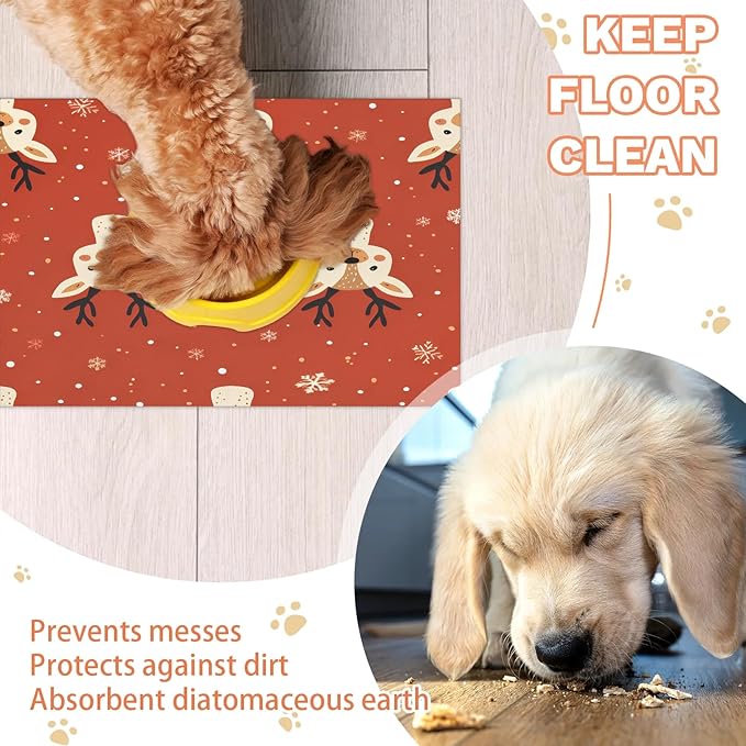 Red Christmas Deer Dog Food Mat for Floors Absorbent, Quick Dry Water Dispenser Mat for Food, Water, Pet Supplies 12" x 20", Winter Snowflake