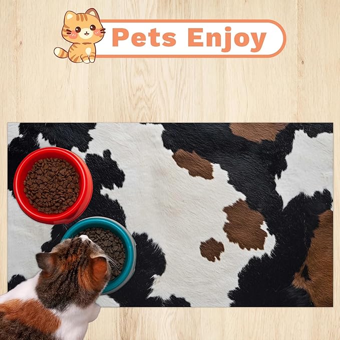 Milk Cow Print Dog Food Mat for Floors Absorbent Dog Bowl Mat for Food and Water Dispenser Quick Dry Cat Food Placemat Pet Supplies 24" x 32", Maroon White Fur