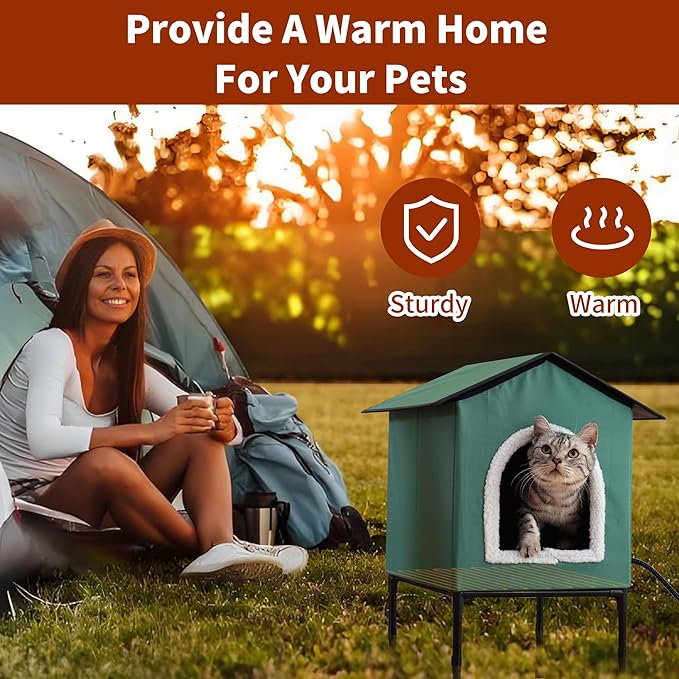 Heated Cat House for Indoor/Outdoor Use, Elevated/Insulated Feral Cat House, Heated Cat Bed with Pets Heating Pad, Warm House for Outside Stray Cats (Green,Medium)