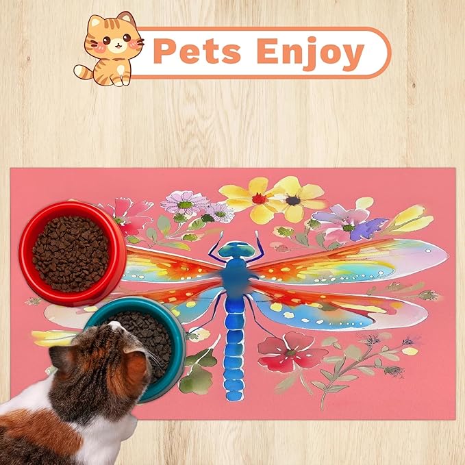 Dragonfly Dog Food Mat for Floors Absorbent, Quick Dry Water Dispenser Mat for Food, Water, Pet Supplies 24" x 32", Spring Flower