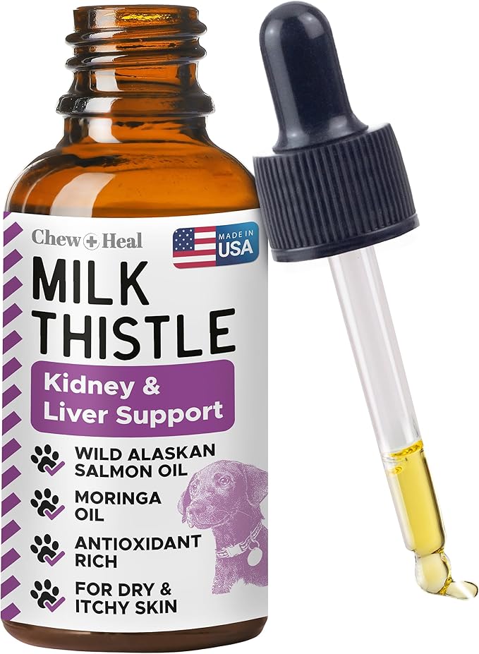 Milk Thistle for Dogs Liver Support - 4 oz Liquid Milk Thistle Supplement for Kidney and Liver Support - with Wild Alaskan Salmon Oil and Moringa Oil - Made in USA