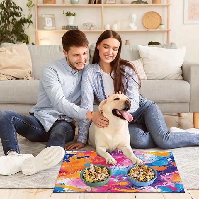 Colorful Graffiti Dog Food Mat for Floors Absorbent Dog Bowl Mat for Food and Water Dispenser Quick Dry Cat Food Placemat Pet Supplies 12" x 20", Funny Cool