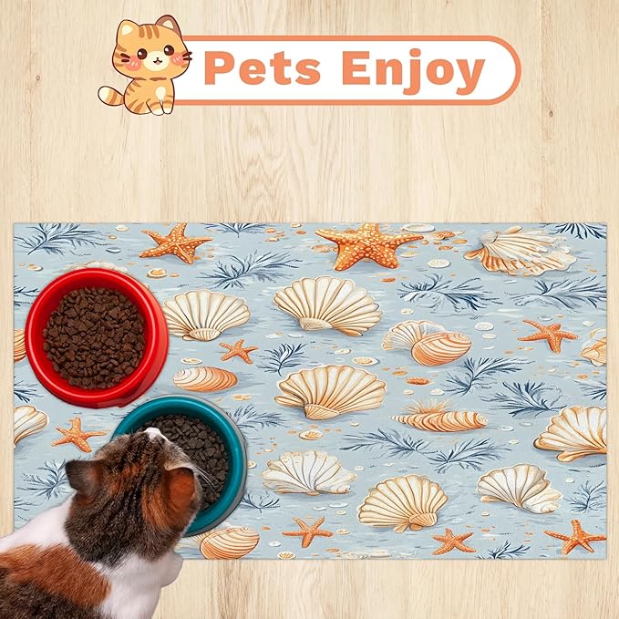 Seashell Starfish Dog Food Mat for Floors Absorbent Dog Bowl Mat for Food and Water Dispenser Quick Dry Cat Food Placemat Pet Supplies 16" x 24", Beach Coastal