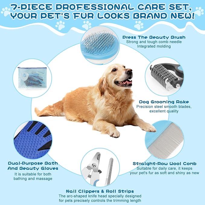 7-in-1 Pet Grooming Kit–Cat Brush,Dog Brush for Shedding,Double-Sided Flea Comb,Dog Nail Trimmers,Dog Bath Supplies–for All Cat and Small/Large Dog Shedding（Blue