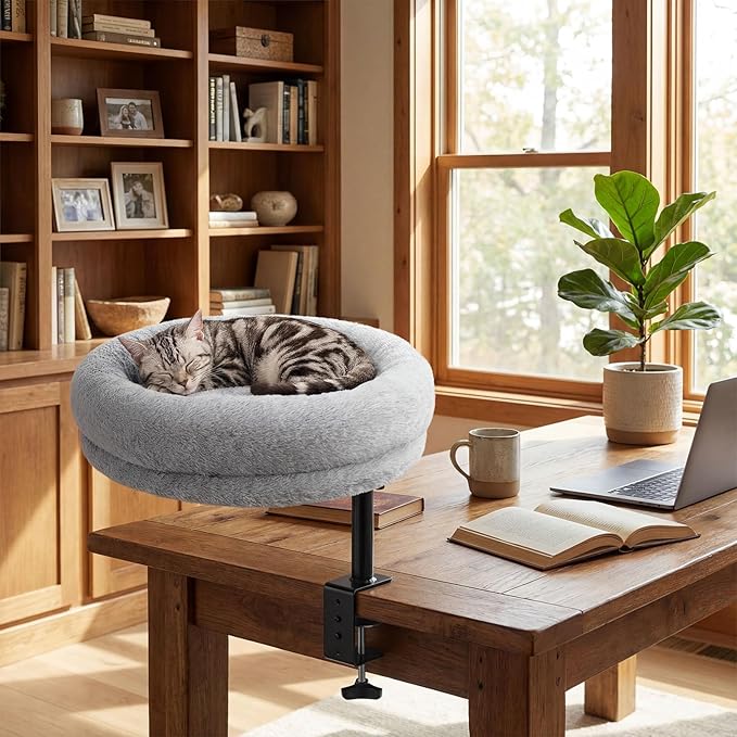 Sunhoo Cat Desk Bed 360° Rotating Height Adjustable Desktop Mount Hammock Kitten Perch Easy Setup Kitty Nest Table Clamp-on Attachment for Indoor Cats Washable 17" Diameter Hold Up to 40lbs（Grey）