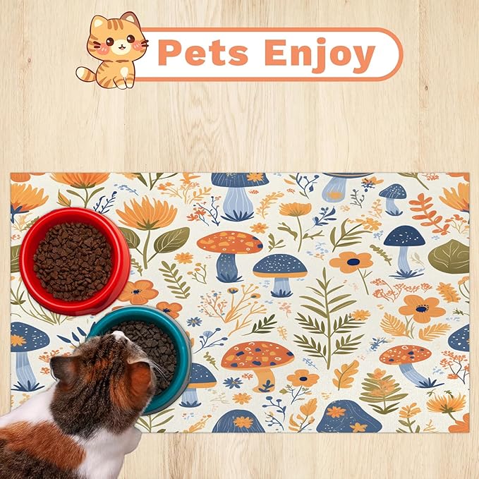 Boho Mushroom Dog Food Mat for Floors Absorbent Dog Bowl Mat for Food and Water Dispenser Quick Dry Cat Food Placemat Pet Supplies 16" x 24", Wildflower