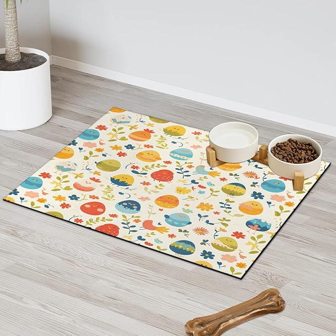 Spring Easter Dog Food Mat for Floors Absorbent Dog Bowl Mat for Food and Water Dispenser Quick Dry Cat Food Placemat Pet Supplies 12" x 20", Boho Wildflower