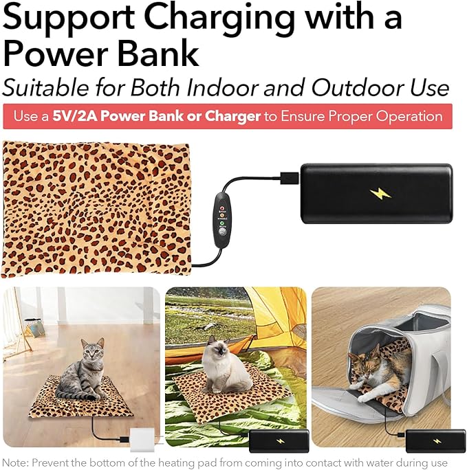 USB Heating Pad for Cat, Small Dog, 5V Safe Heated Pet Mat with 3-Temp, Hand Washable Warming Pad for Indoor Outdoor Use, Powered by Battery Operated Power Bank Car Charger (Black)