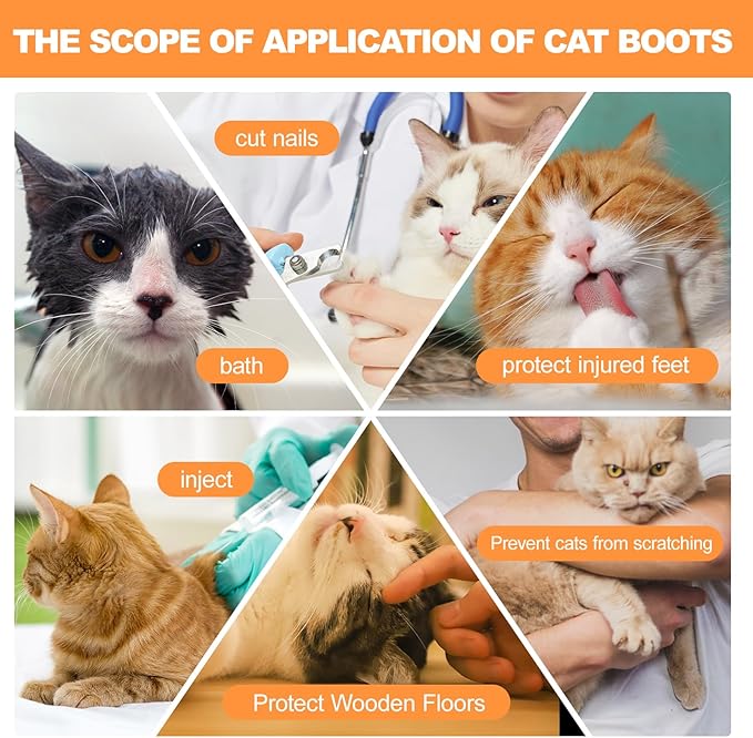 Cat Boots,paw Covers Anti-Scratch Cat Foot Covers for Cats Adjustable Mesh Cat Claw Protectors Non-Slip Breathablesuitable for Family Pet Cat Bathing and Nail Cutting (4 Pieces) (l, Orange)