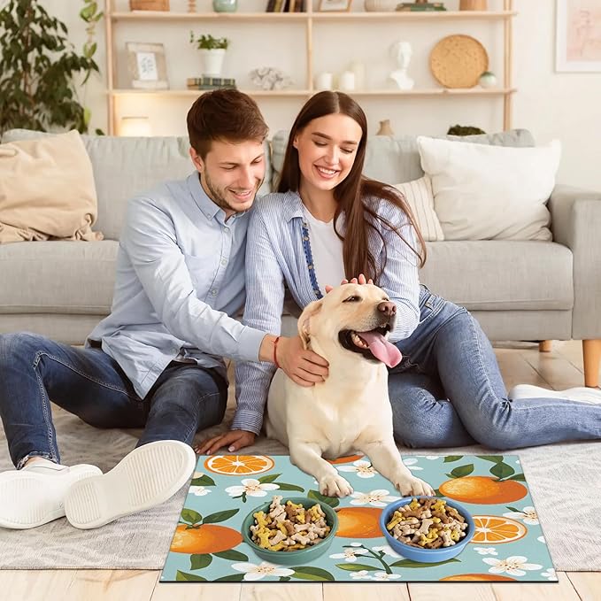 Orange Fruit Dog Food Mat for Floors Absorbent Dog Bowl Mat for Food and Water Dispenser Quick Dry Cat Food Placemat Pet Supplies 12" x 20", Citrus Green Leaves