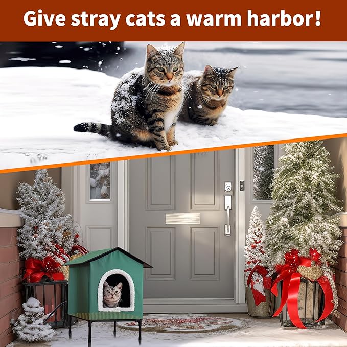 Heated Cat House for Indoor/Outdoor Use, Elevated/Insulated Feral Cat House, Heated Cat Bed with Pets Heating Pad, Warm House for Outside Stray Cats (Green,Medium)