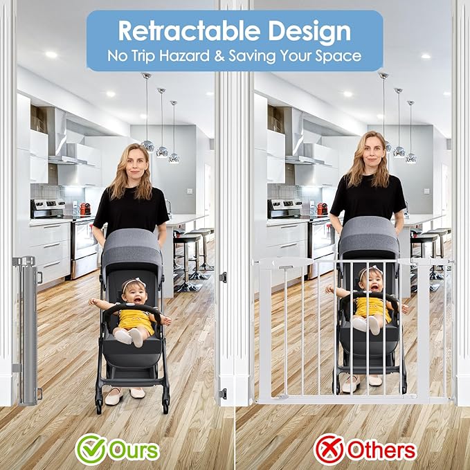 Reinforced Retractable Baby Gates with Support Rods, Retractable Gate for Babies and Pets Prevent Bottom Crawling Through, Extends up to 55” Wide, Mesh Dog Gate for The House Indoor Outdoor, Gray