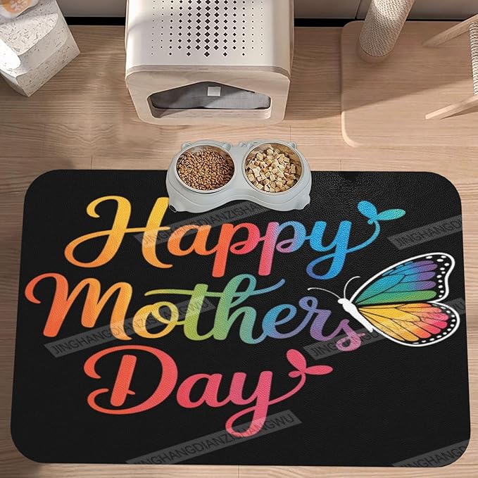 Pet Feeding Mat for Floors Waterproof Dog Mat for Food and Water Butterfly Happy Mother's Day Floral Gift Mom Bz Absorbent Quick Dry Non Slip Mats Cat Bowls 24x16In