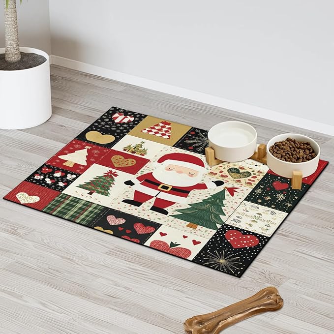 Santa Claus Dog Food Mat for Floors Absorbent, Quick Dry Water Dispenser Mat for Food, Water, Pet Supplies 16" x 24", Xmas Trees