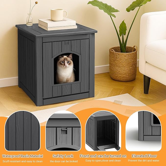 DRATO Indoor & Outdoor Cat House, Durable Resin Pet Shelter with Weatherproof Design, Spacious Interior & Easy Assembly for Multiple Settings