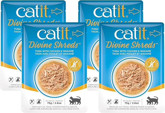 Catit Divine Shreds Premium Cat Food Topper, Tuna with Chicken & Wakame (Pack of 4)