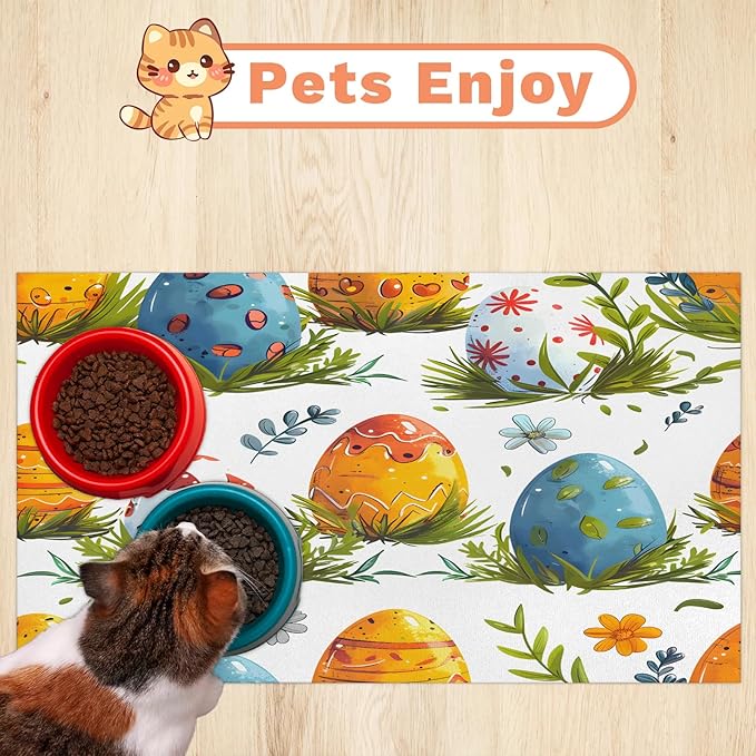 Easter Eggs Dog Food Mat for Floors Absorbent Dog Bowl Mat for Food and Water Dispenser Quick Dry Cat Food Placemat Pet Supplies 16" x 24", Leaf Flower