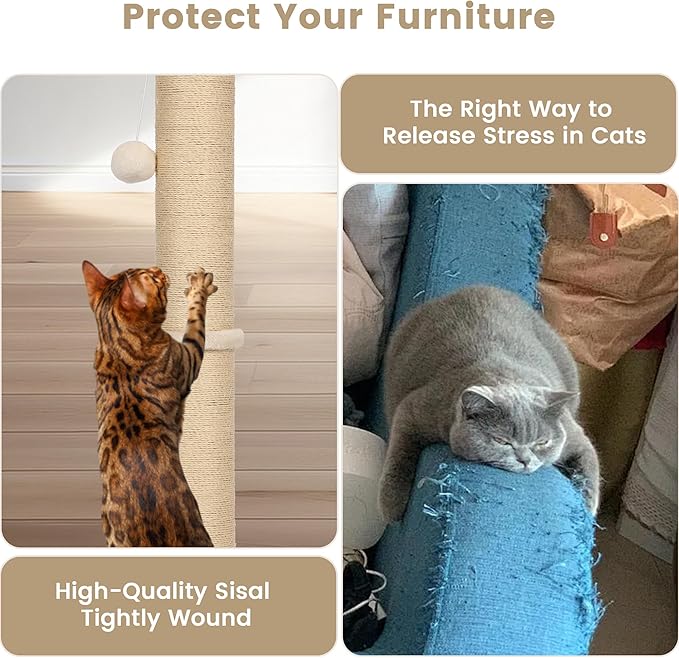 33" Tall Cat Scratching Post, 3-in-1 Durable Sisal Vertical Cat Scratcher Post with Hanging Ball, Sturdy Cat Scratch Pole with Soft Fabric Base for Indoor Cats at All Ages, Beige