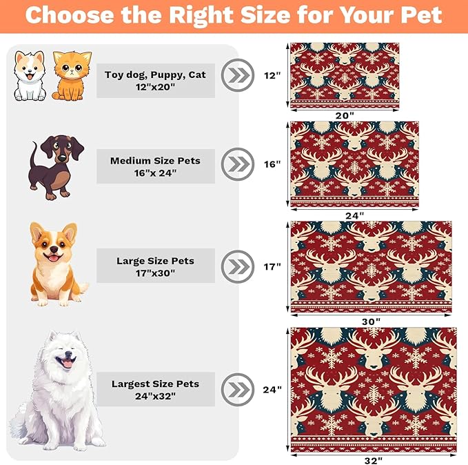 Christmas Deer Dog Food Mat for Floors Absorbent, Quick Dry Water Dispenser Mat for Food, Water, Pet Supplies 24" x 32", Snowflake
