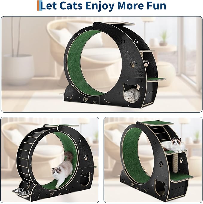 Cat Wheels for Indoor Cats, 48" Large Treadmill Wheel for Indoor Cats with Bowls, Scratch Post, 3-Level Jumping Tower, Cat Exercise Wheel for Running Walking Training