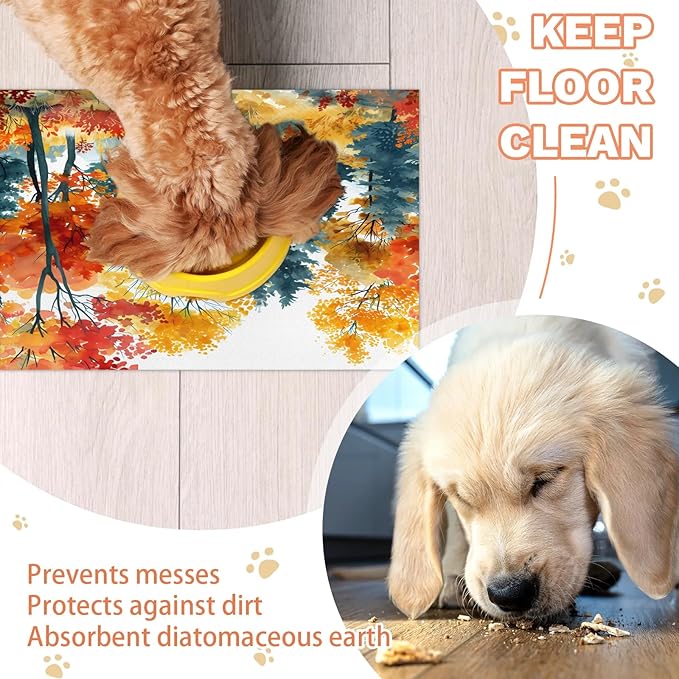 Fall Forest Dog Food Mat for Floors Absorbent, Quick Dry Water Dispenser Mat for Food, Water, Pet Supplies 16" x 24", Maple Tree