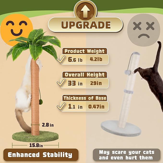 Meowoou Cat Scratching Post, 33 inch Tall with Sisal Rope, Tropical Style, Cute for Kittens