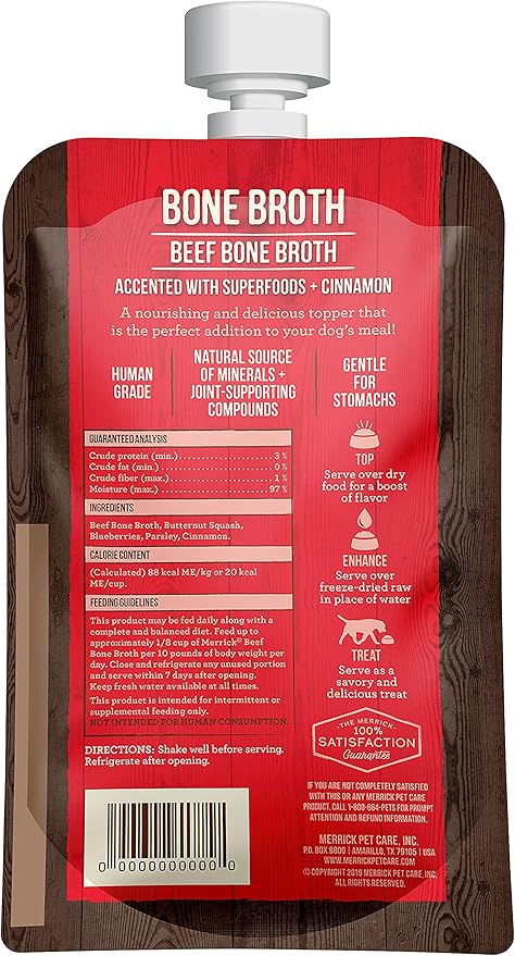 Merrick Grain Free Bone Broth Natural Meal Topper for Dogs, Accented with Superfoods & Cinnamon, for Adult Dogs of All Breeds Beef, 7 Ounce,(Pack of 3)