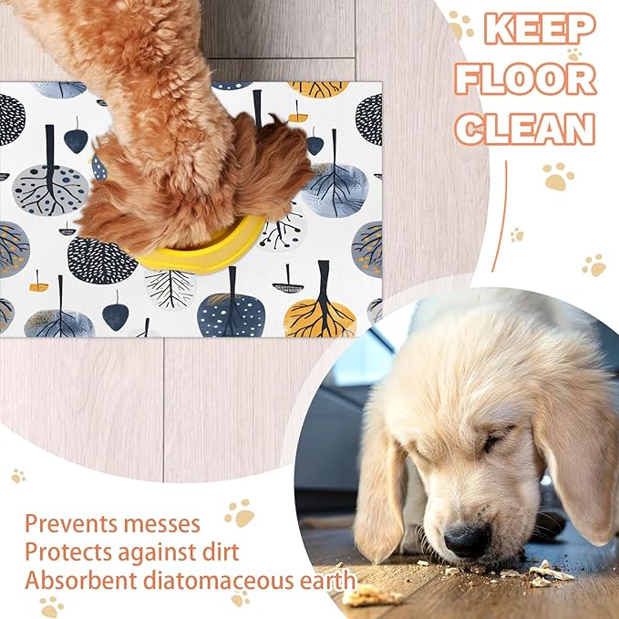 Tree Dog Food Mat for Floors Absorbent, Quick Dry Water Dispenser Mat for Food, Water, Pet Supplies 12" x 20", Boho Plant
