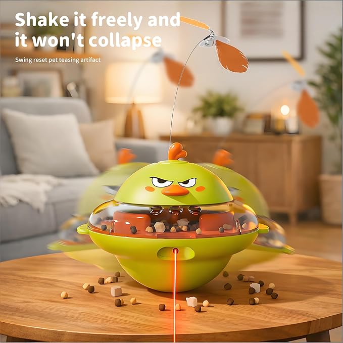 hooroor 4-in-1 Interactive Cat Toy for Indoor Cats: Automatic Laser Pointer, Feather Teaser, Treat Dispenser & Bird Chirp - USB-C Rechargeable Self-Balancing Toy to Relief Boredom & Anxiety