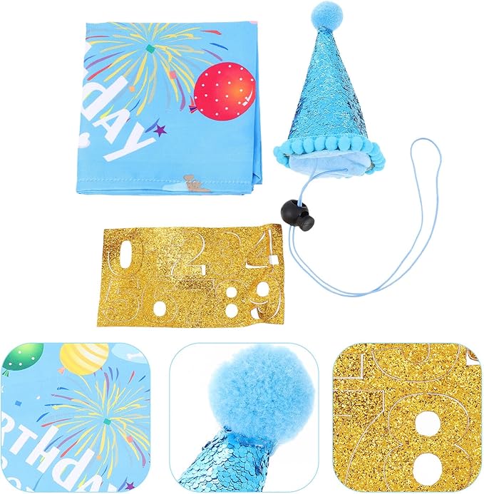 Unomor Dog Birthday Bandanas Party Hat Set 3pcs Blue Pet Birthday Accessories for Puppy Celebration for Pet Party Supplies