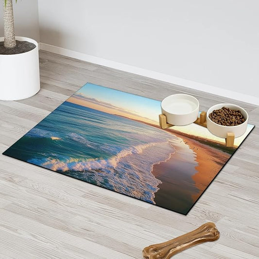 Ocean Beach Dog Food Mat for Floors Absorbent, Quick Dry Water Dispenser Mat for Food, Water, Pet Supplies 16" x 24", Teal Blue Coastal