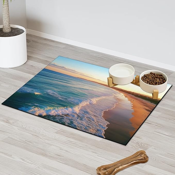 Ocean Beach Dog Food Mat for Floors Absorbent, Quick Dry Water Dispenser Mat for Food, Water, Pet Supplies 24" x 32", Teal Blue Coastal